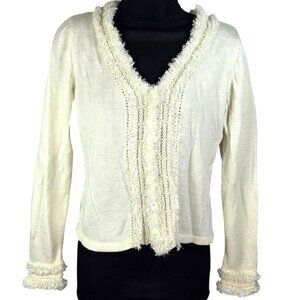 A Line Clothing Womens Ivory Knit Cardigan Sweater L With Fringe & Pearls